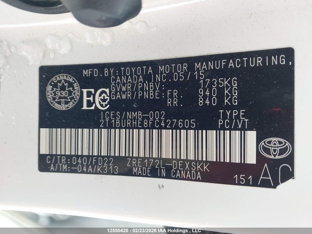 2015 Toyota Corolla S მანქანა იყიდება აუქციონზე, vin: 2T1BURHE8FC427605, აუქციონის ნომერი: 12550428