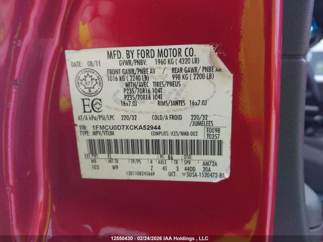 Aukcja sprzedaży 2012 Ford Escape Xlt, vin: 1FMCU0D7XCKA52944, numer aukcji: 12550430