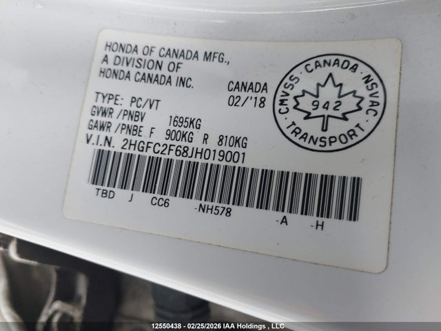 12550438 :رقم المزاد ، 2HGFC2F68JH019001 vin ، 2018 Honda Civic Se مزاد بيع