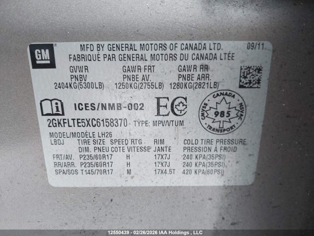 Aukcja sprzedaży 2012 Gmc Terrain Sle-2, vin: 2GKFLTE5XC6158370, numer aukcji: 12550439