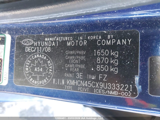 12550451 :رقم المزاد ، KMHCN45CX9U333221 vin ، 2009 Hyundai Accent 25th Anniversary/gl/gls/l مزاد بيع