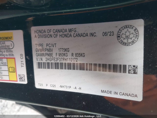 2023 Honda Civic Ex 4dr მანქანა იყიდება აუქციონზე, vin: 2HGFE2F37PH110172, აუქციონის ნომერი: 12550452
