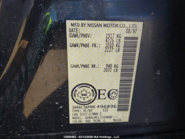 1N4AL3AP4HC496896 Nissan Altima 2.5/2.5 S/2.5 Sl/2.5 Sr/2.5 Sv