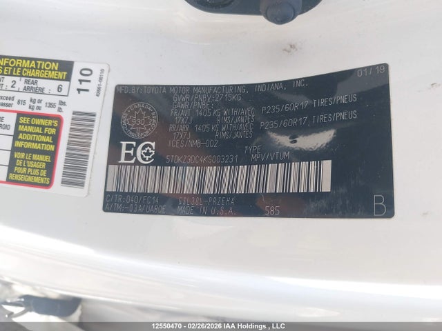 5TDKZ3DC4KS003231 Toyota SIENNA LE