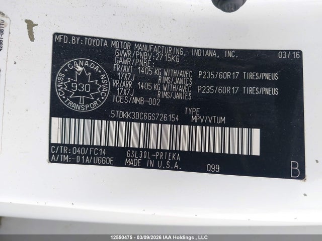 2016 Toyota Sienna Le მანქანა იყიდება აუქციონზე, vin: 5TDKK3DC6GS726154, აუქციონის ნომერი: 12550475