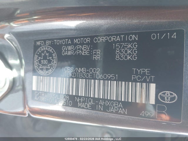JTDKDTB30E1060951 Toyota PRIUS C