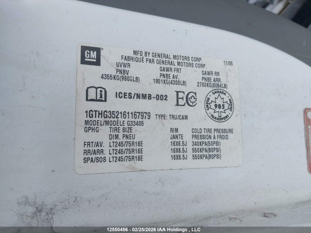 12550486 :رقم المزاد ، 1GTHG352161167979 vin ، 2006 Gmc Savana G3500 مزاد بيع
