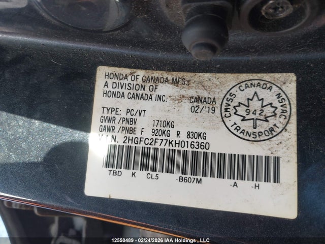 2019 Honda Civic Ex მანქანა იყიდება აუქციონზე, vin: 2HGFC2F77KH016360, აუქციონის ნომერი: 12550489