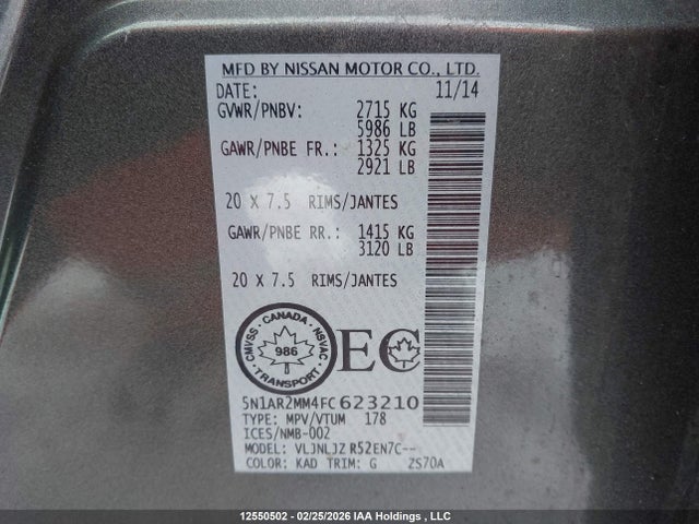 Продажа на аукционе авто 2015 Nissan Pathfinder, vin: 5N1AR2MM4FC623210, номер лота: 12550502