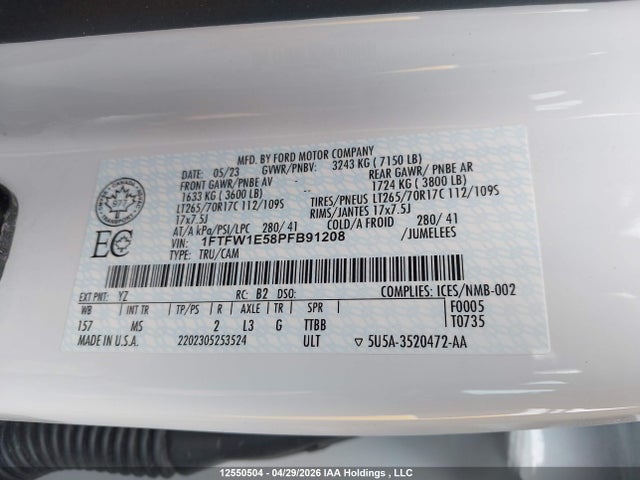 Продаж на аукціоні авто 2023 Ford F150 Supercrew, vin: 1FTFW1E58PFB91208, номер лоту: 12550504