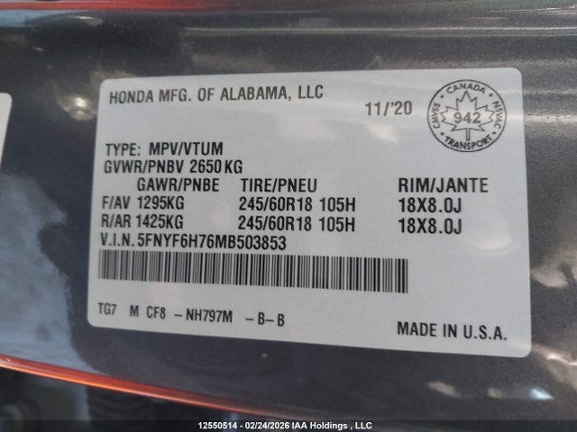 5FNYF6H76MB503853 Honda Pilot Black