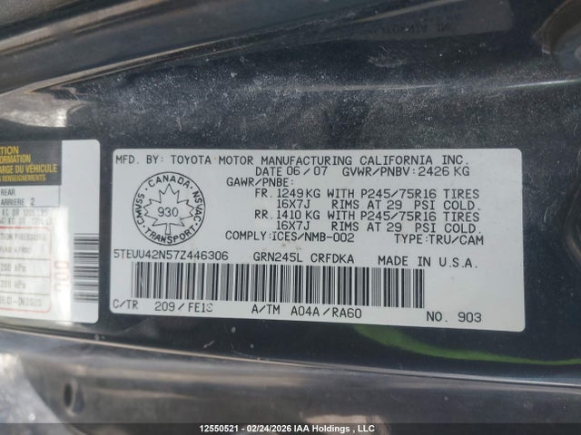 12550521 :رقم المزاد ، 5TEUU42N57Z446306 vin ، 2007 Toyota Tacoma مزاد بيع