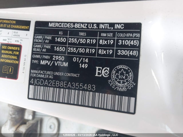 Aukcja sprzedaży 2014 Mercedes-benz Ml 350 Bluetec, vin: 4JGDA2EB8EA355483, numer aukcji: 12550526