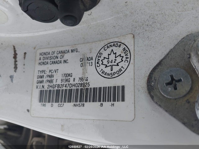 12550527 :رقم المزاد ، 2HGFB2F47DH028925 vin ، 2013 Honda Civic Lx مزاد بيع