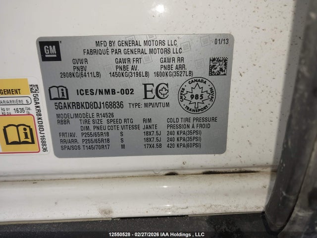 2013 Buick Enclave მანქანა იყიდება აუქციონზე, vin: 5GAKRBKD8DJ168836, აუქციონის ნომერი: 12550528