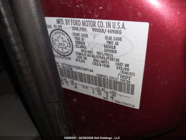Продаж на аукціоні авто 2002 Ford F350 Srw Super Duty, vin: 1FTSX31F22EC00134, номер лоту: 12550531