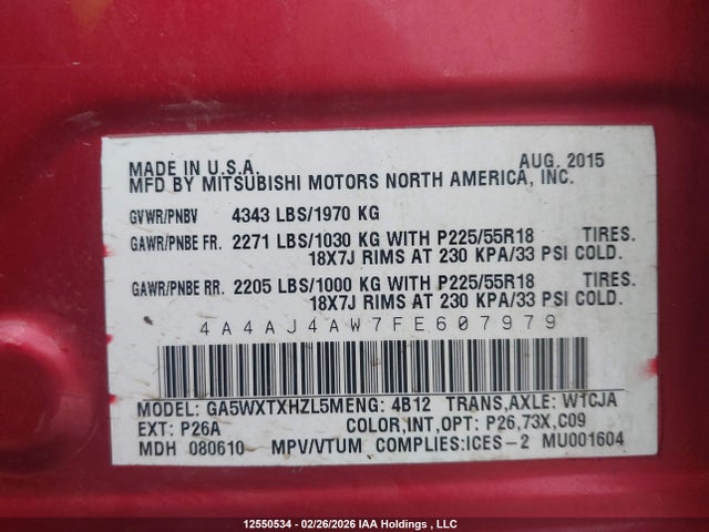 Продажа на аукционе авто 2015 Mitsubishi Rvr Gt, vin: 4A4AJ4AW7FE607979, номер лота: 12550534