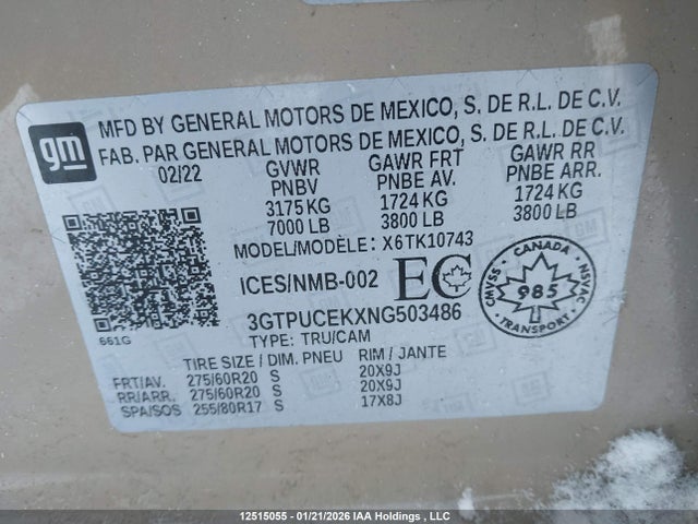 3GTPUCEKXNG503486 GMC Sierra 1500 Elevation