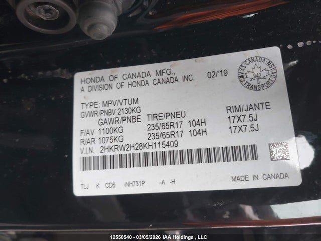 12550540 :رقم المزاد ، 2HKRW2H28KH115409 vin ، 2019 Honda Cr-v Lx مزاد بيع