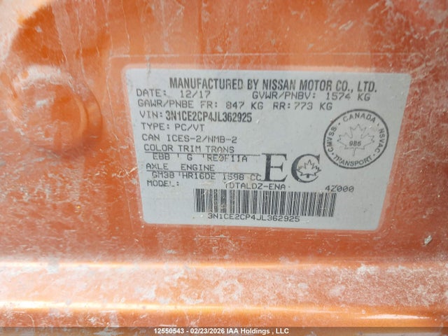 Продажа на аукционе авто 2018 Nissan Versa, vin: 3N1CE2CP4JL362925, номер лота: 12550543