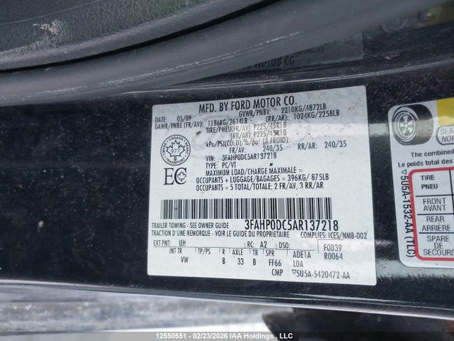 2010 Ford Fusion მანქანა იყიდება აუქციონზე, vin: 3FAHP0DC5AR137218, აუქციონის ნომერი: 12550551