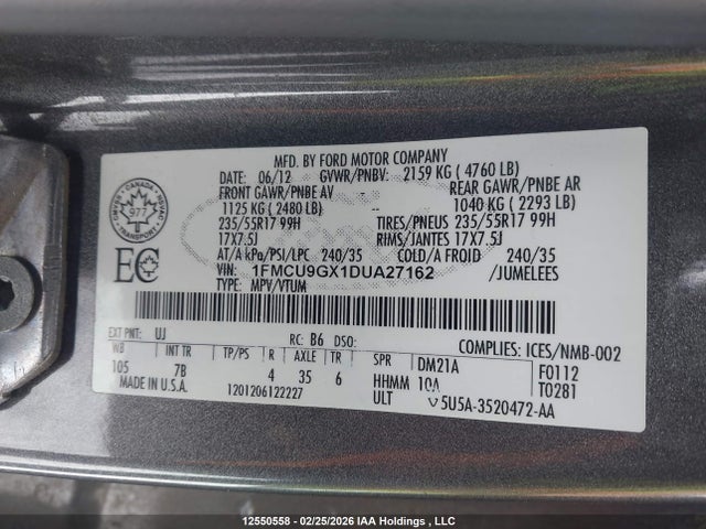 12550558 :رقم المزاد ، 1FMCU9GX1DUA27162 vin ، 2013 Ford Escape Se مزاد بيع