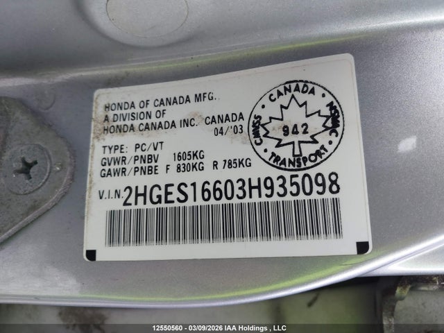 Aukcja sprzedaży 2003 Honda Civic Lx, vin: 2HGES16603H935098, numer aukcji: 12550560