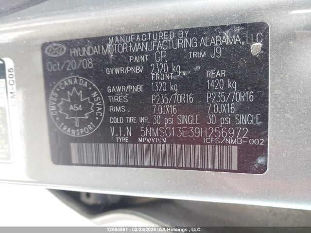Aukcja sprzedaży 2009 Hyundai Santa Fe, vin: 5NMSG13E39H256972, numer aukcji: 12550561