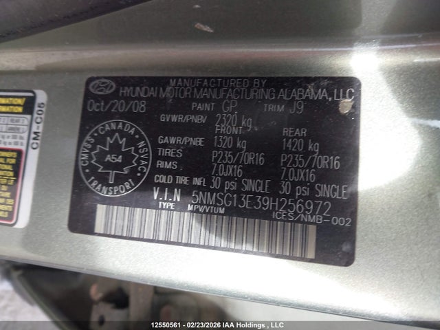 Aukcja sprzedaży 2009 Hyundai Santa Fe, vin: 5NMSG13E39H256972, numer aukcji: 12550561