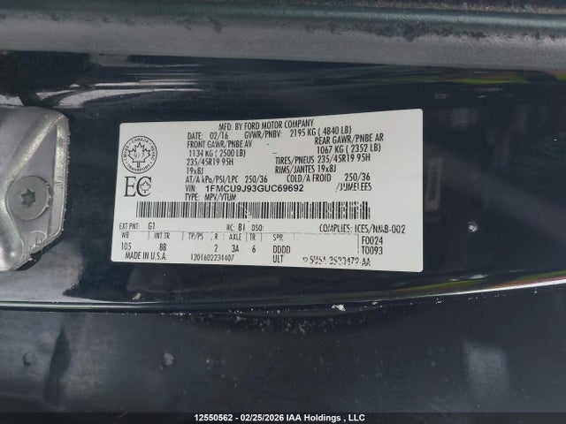 Продаж на аукціоні авто 2016 Ford Escape, vin: 1FMCU9J93GUC69692, номер лоту: 12550562