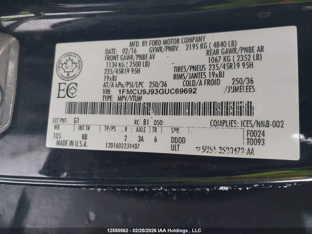 Продаж на аукціоні авто 2016 Ford Escape, vin: 1FMCU9J93GUC69692, номер лоту: 12550562