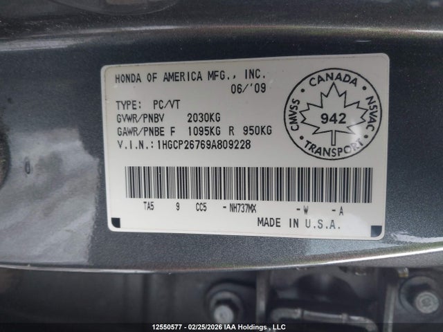 2009 Honda Accord Ex მანქანა იყიდება აუქციონზე, vin: 1HGCP26769A809228, აუქციონის ნომერი: 12550577