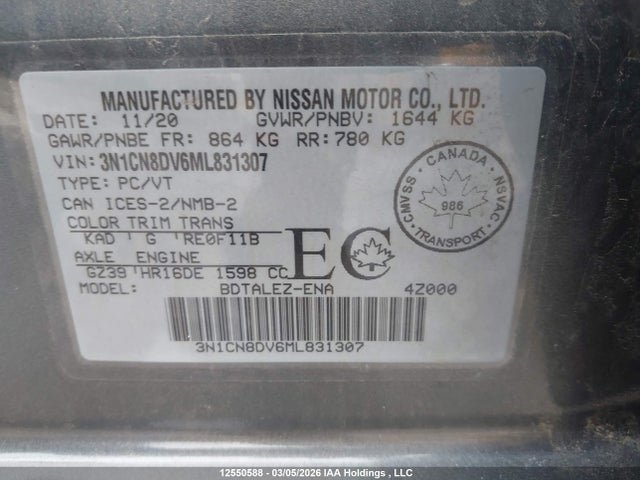 3N1CN8DV6ML831307 Nissan VERSA S