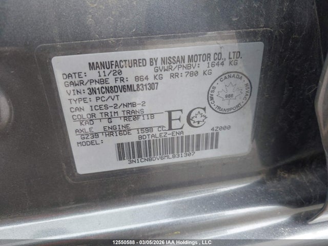 3N1CN8DV6ML831307 Nissan VERSA S