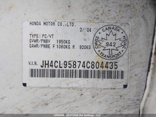 2004 Acura Tsx მანქანა იყიდება აუქციონზე, vin: JH4CL95874C804435, აუქციონის ნომერი: 12550598