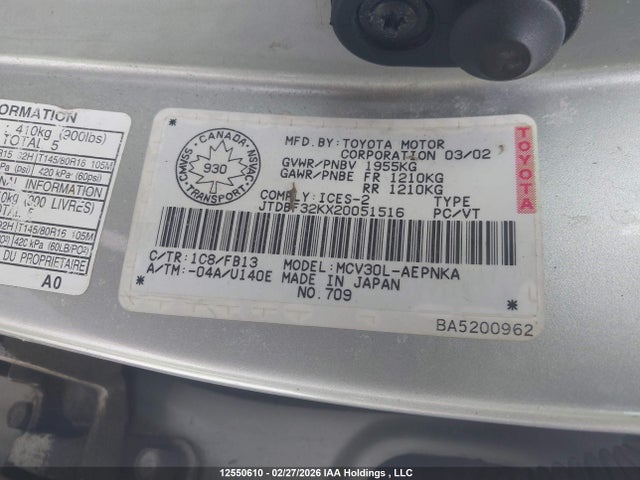 12550610 :رقم المزاد ، JTDBF32KX20051516 vin ، 2002 Toyota Camry Le/xle/se مزاد بيع