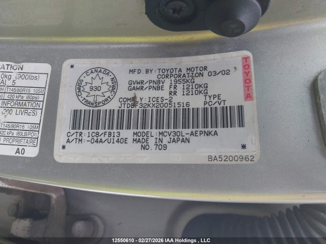 12550610 :رقم المزاد ، JTDBF32KX20051516 vin ، 2002 Toyota Camry Le/xle/se مزاد بيع