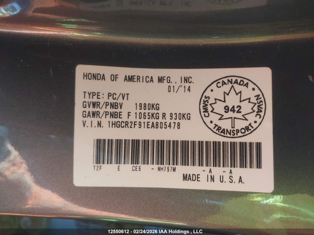 1HGCR2F91EA805478 Honda Accord Touring