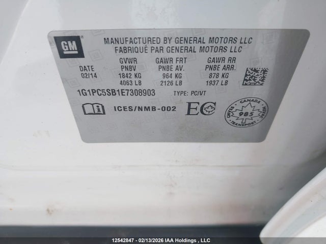 Aukcja sprzedaży 2014 Chevrolet Cruze 1lt, vin: 1G1PC5SB1E7308903, numer aukcji: 12542847