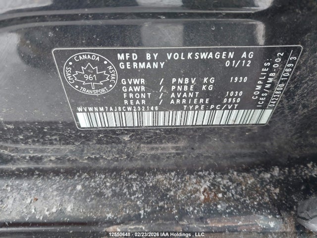 12550648 :رقم المزاد ، WVWNM7AJ8CW232146 vin ، 2012 Volkswagen Golf مزاد بيع