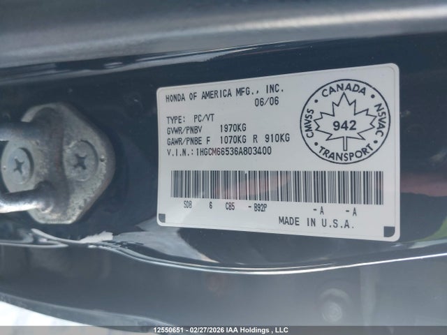 2006 Honda Accord Ex V6 მანქანა იყიდება აუქციონზე, vin: 1HGCM66536A803400, აუქციონის ნომერი: 12550651