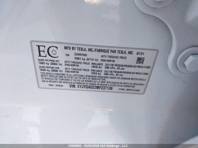 Продаж на аукціоні авто 2021 Tesla Model Y Long Range, vin: 5YJYGAEE2MF237136, номер лоту: 12550662