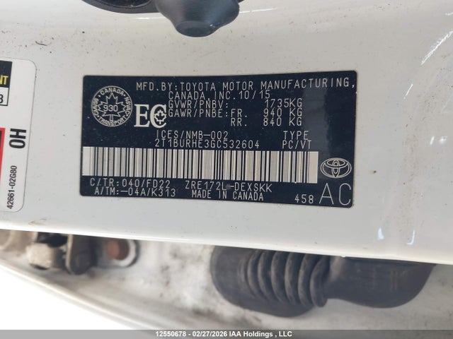 12550678 :رقم المزاد ، 2T1BURHE3GC532604 vin ، 2016 Toyota Corolla مزاد بيع