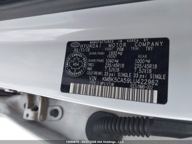 Продаж на аукціоні авто 2020 Hyundai Kona, vin: KM8K5CA59LU422962, номер лоту: 12550679