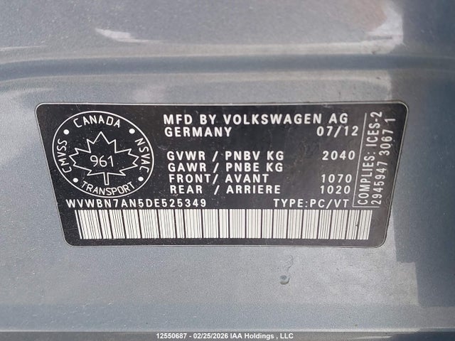 12550687 :رقم المزاد ، WVWBN7AN5DE525349 vin ، 2013 Volkswagen Cc Sportline مزاد بيع