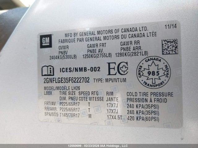 Продаж на аукціоні авто 2015 Chevrolet Equinox Lt, vin: 2GNFLGE35F6222702, номер лоту: 12550699