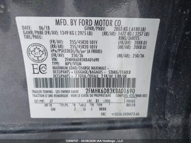 Aukcja sprzedaży 2019 Ford Flex Limited, vin: 2FMHK6D83KBA01690, numer aukcji: 12550707