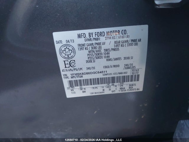 Продажа на аукционе авто 2013 Ford Explorer Xlt, vin: 1FM5K8D86DGC64511, номер лота: 12550710