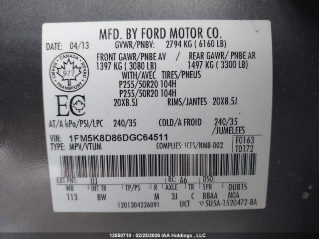Продажа на аукционе авто 2013 Ford Explorer Xlt, vin: 1FM5K8D86DGC64511, номер лота: 12550710