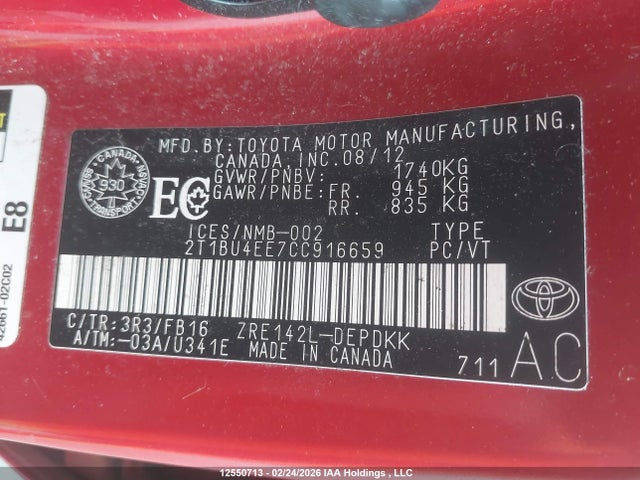 Продажа на аукционе авто 2012 Toyota Corolla S/le, vin: 2T1BU4EE7CC916659, номер лота: 12550713